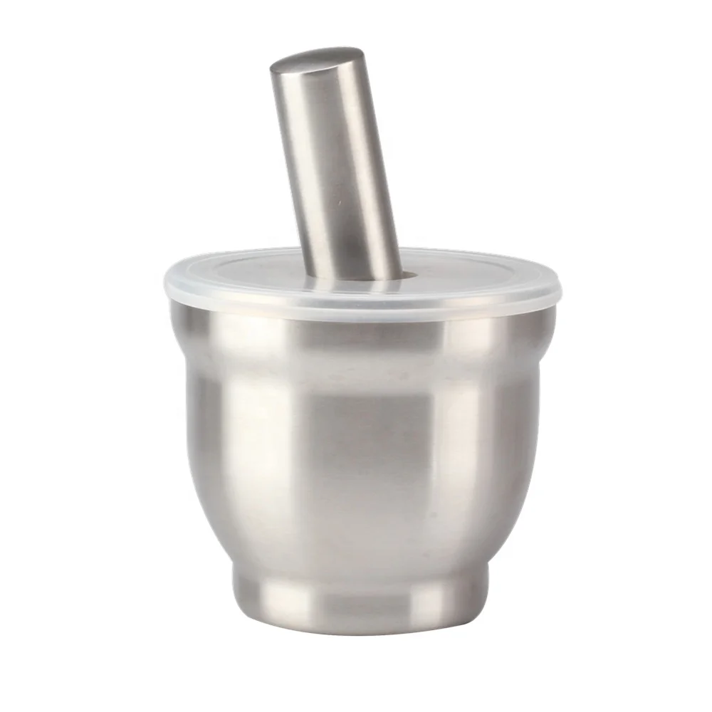 Mortar and Pestle, 18/8 Stainless Steel Spice Grinder Pill Crusher with Lid, with Anti Slip Base and Comfy Grip