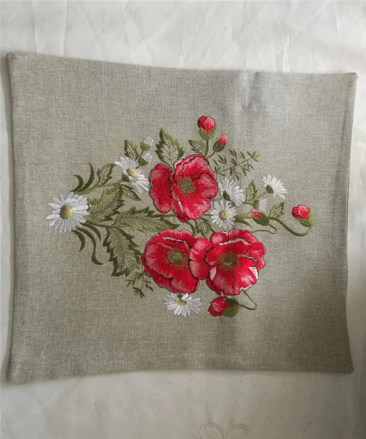 Soft Satin Fabric Red Embroidery Poppy Table Runner flower Tablecloth