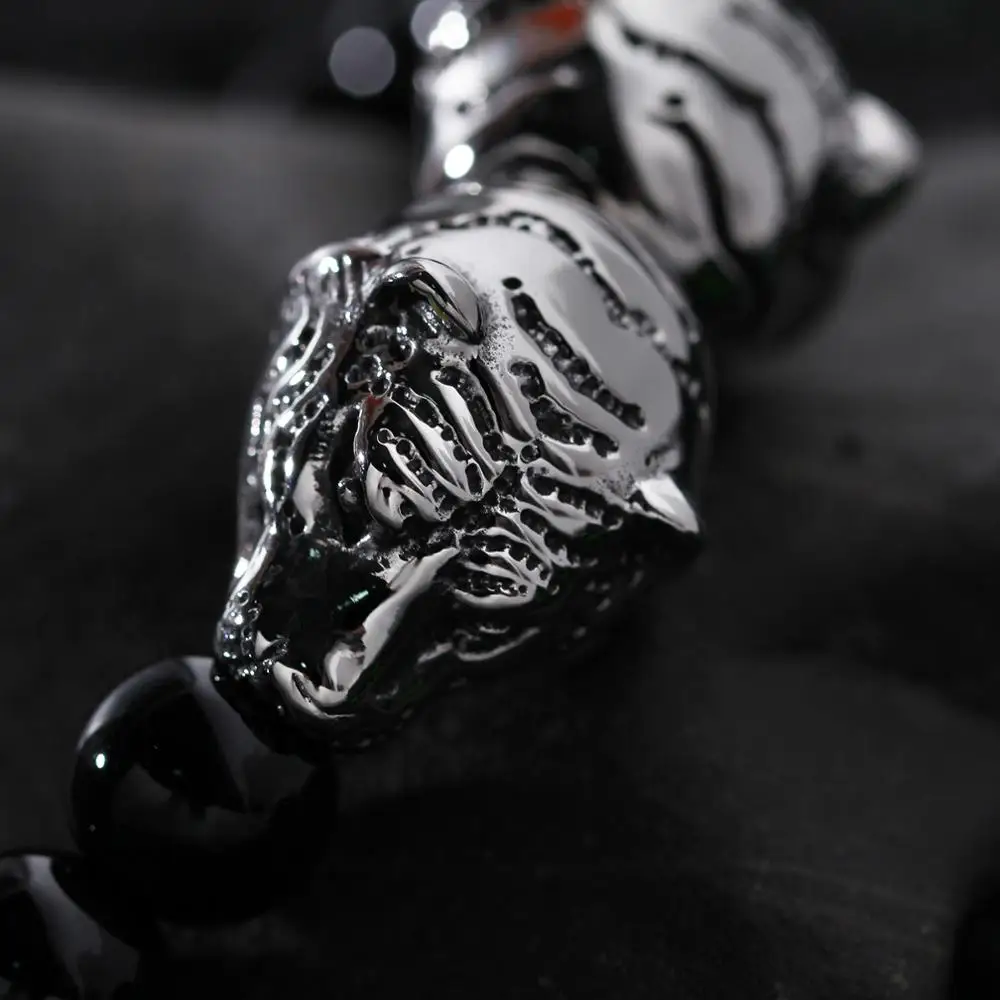 
Fashion Elastic Adjustable Casting Stainless Steel Wolf Head Tiger Dragon Glass Stone Beads Bracelets 