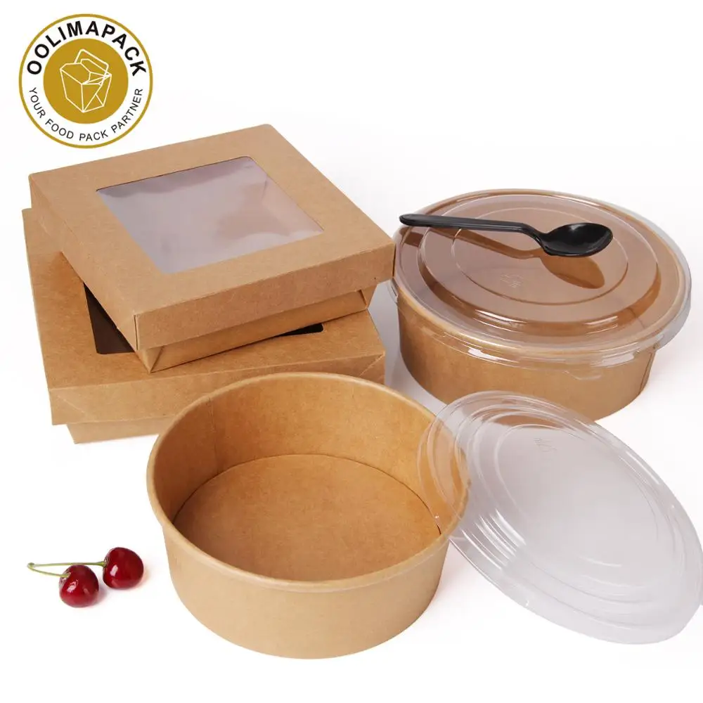 High Quality PLA Coating Biodegradable Kraft Paper Salad Box With Lid