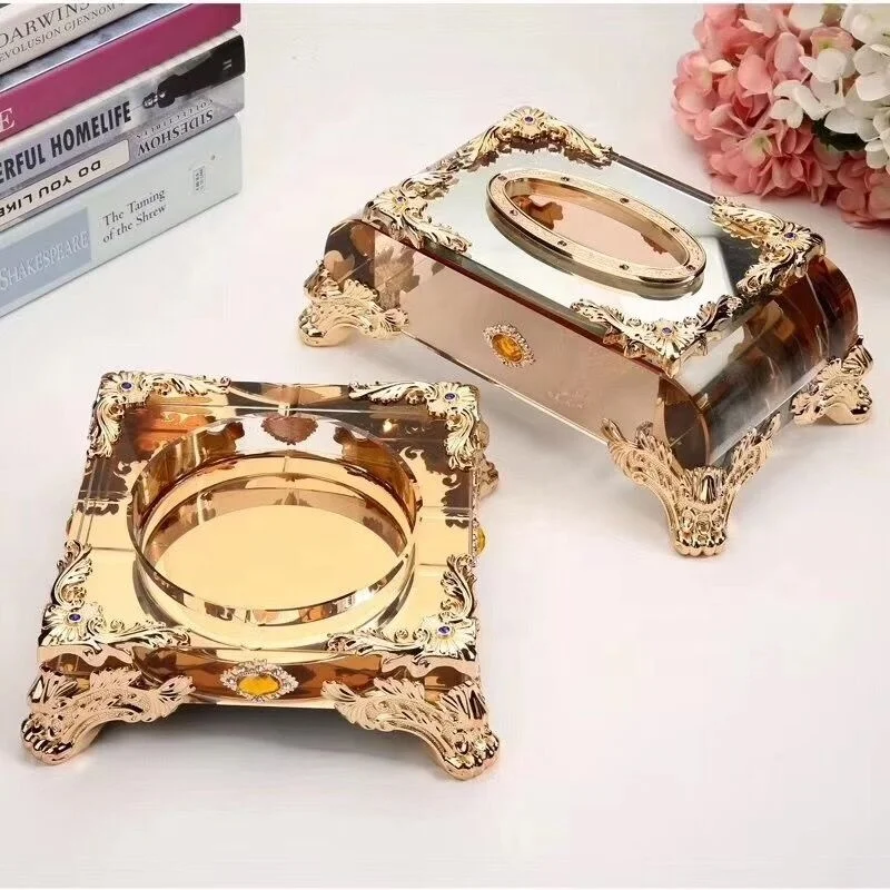 Top quality Pujiang wholesale K9 new luxurious design square shape color crystal ashtray with metal base & crystal napkin box