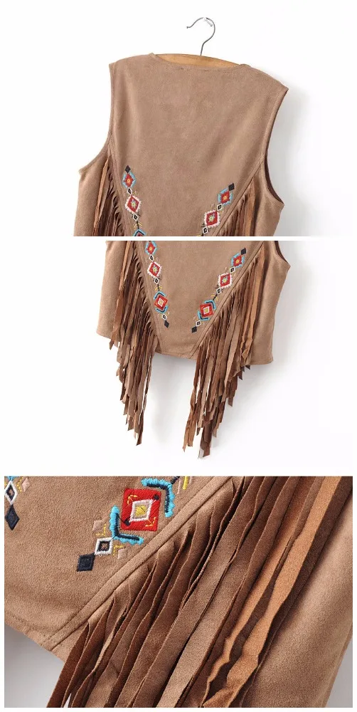 
women ethnic style ethical embroidery fake suede vest with fringes 