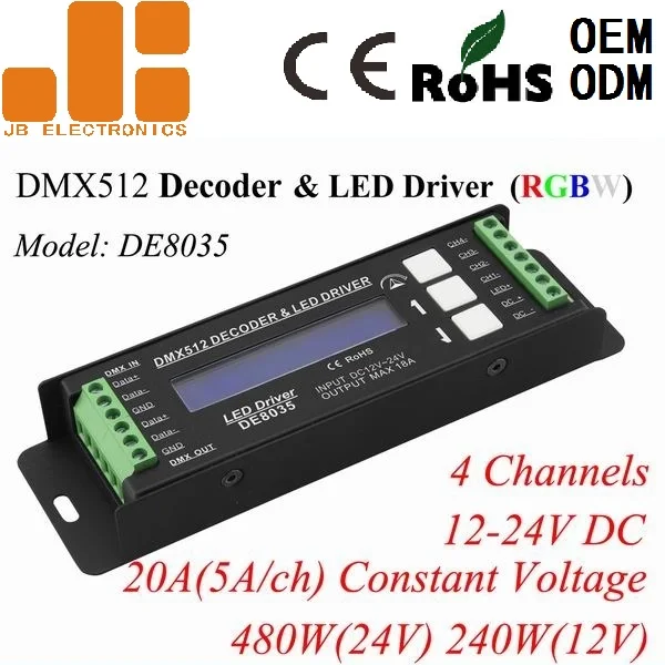 5Ax4CH RGBW DC12-24V LCD Screen Display 256 Level Dimming DMX512 Decoder DE8035