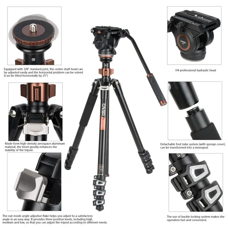 Cayer AF2451H4 hot selling defender aluminum tripod kit with fluid head flip-lock professional video camera tripod