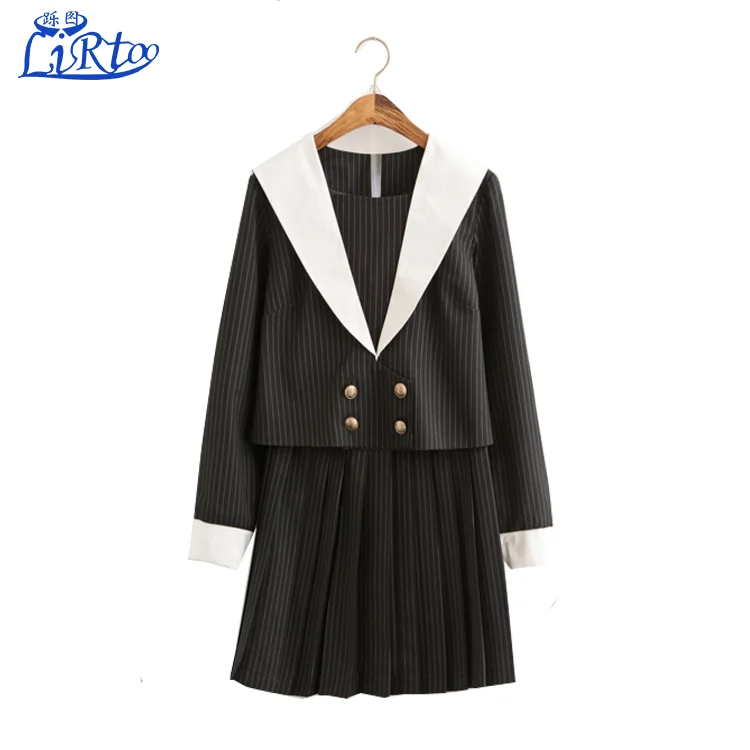 Japanese Classical Sexy Cute Girl Stripes Long-sleeved Sailor Uniforms White Collar Embroidery