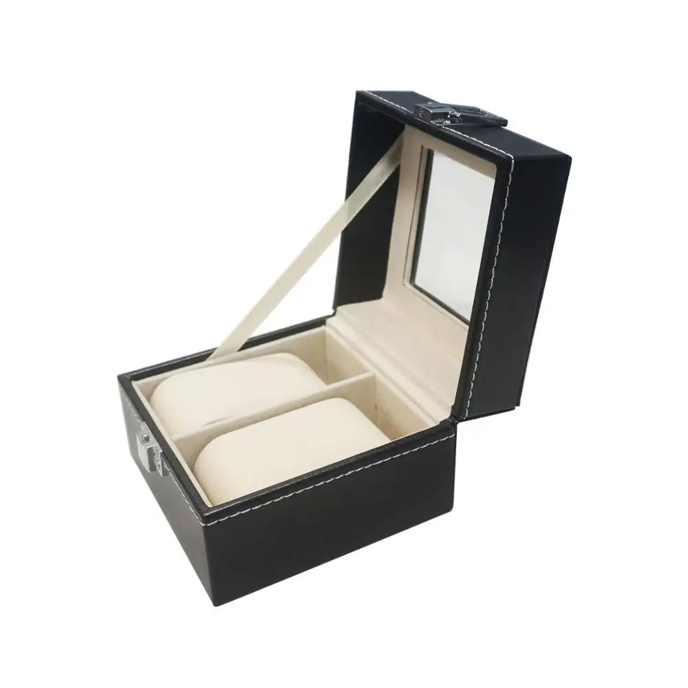 
High quality custom made black PU leather wooden watch case 2 slots watch packaging display box 