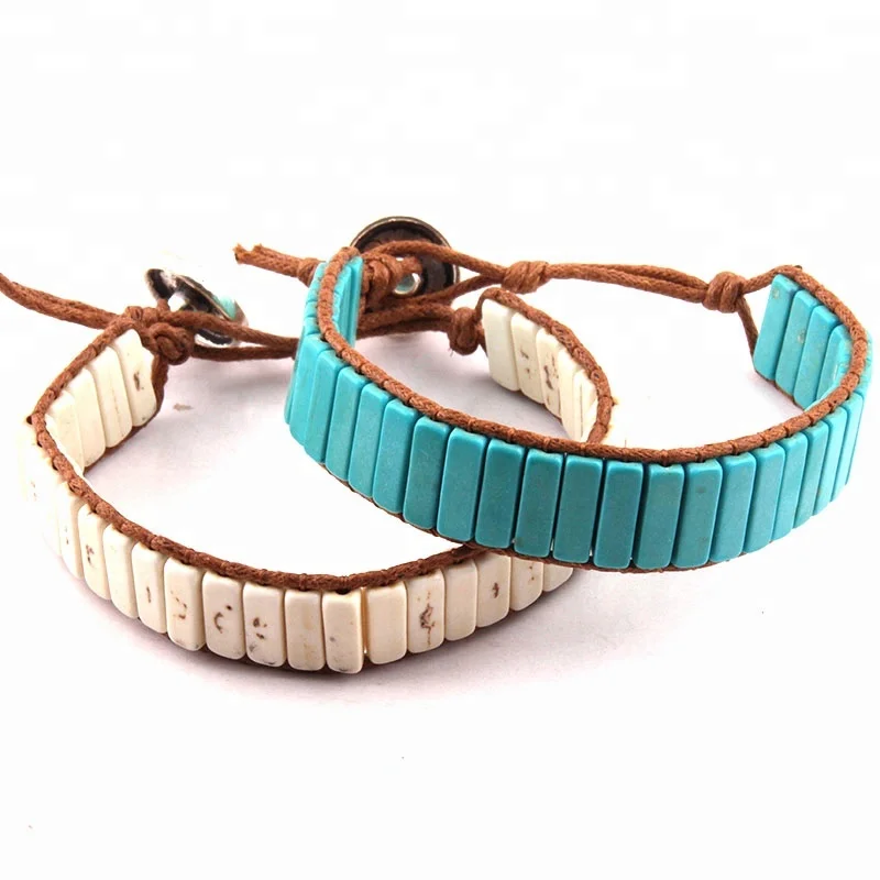 Fashion Thread Leather Wrap Bracelet Pierre Naturelle Flower Button  Rectangle White Turquoise Stone Bracelet