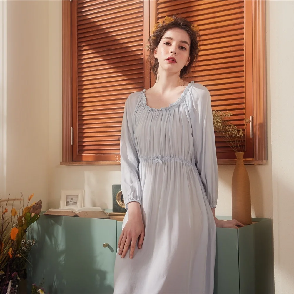 Long Sleeve Princess Style Sleepwear Ladies Plain White Vintage Nightgown
