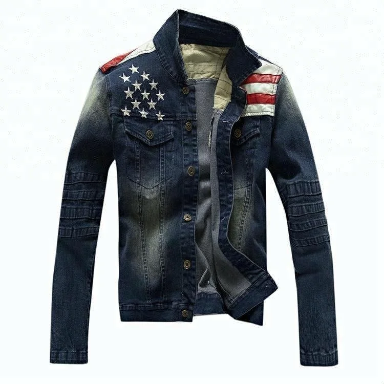 D&S factory dropshipping vintage blue long sleeves zipper jacket american flag men denim jacket