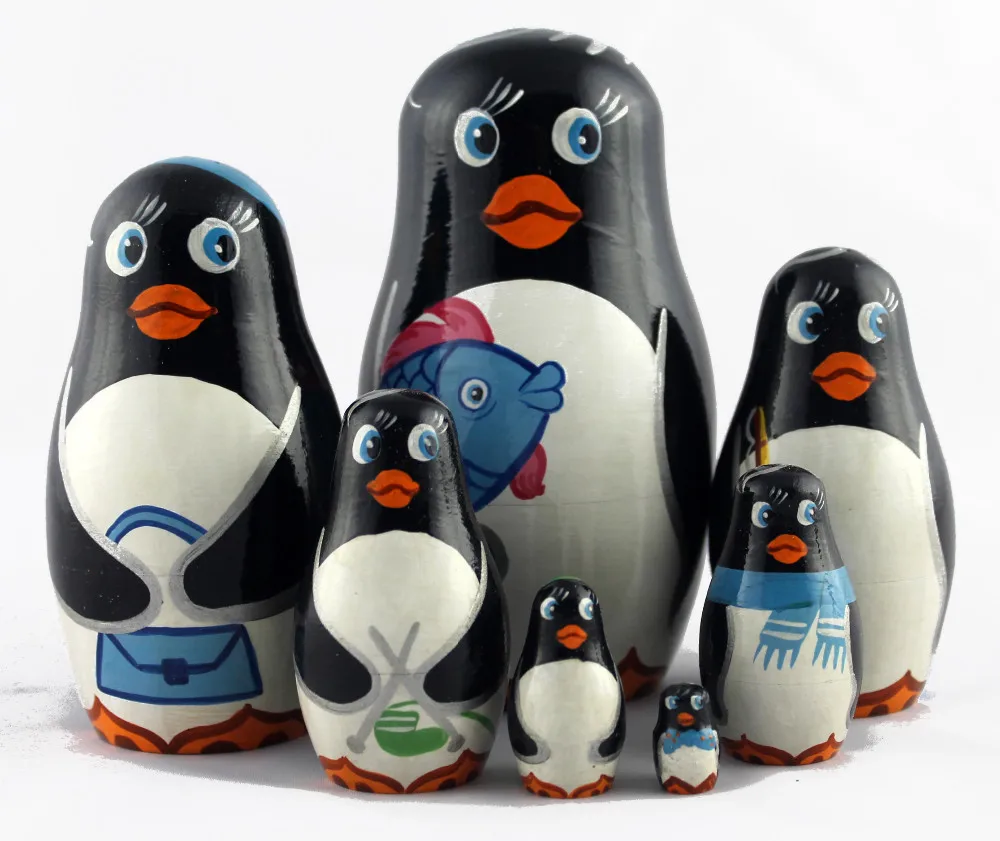 Cute Penguins 7pc Russian Nesting Stacking Wooden Dolls Handmade Matryoshka Babushka Model Toy Souvenirs Animals Sea Birds