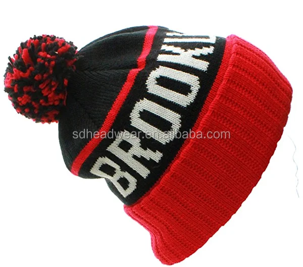 Custom Embroidery 100% Acrylic Sports Team Beanie Knit Bobble Hat