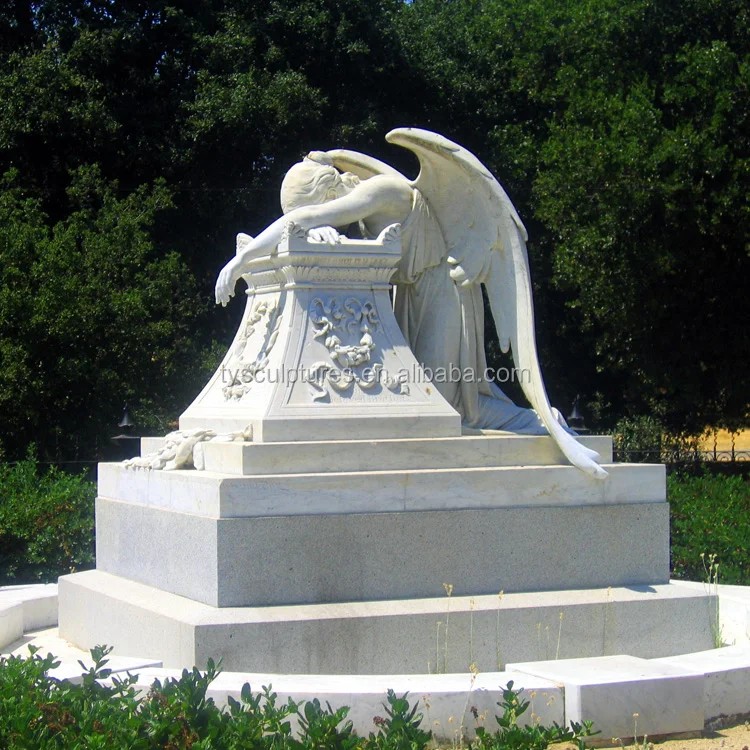 Western famous white marble life size weeping angel stone statue on cemetery