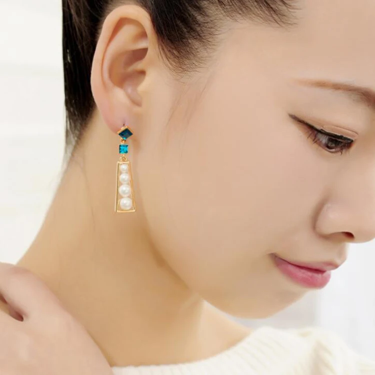 2017 New Model Fashion three pearls kc gold rectangle border blue prismatic Rhinestone women girl party jewelry charm earring