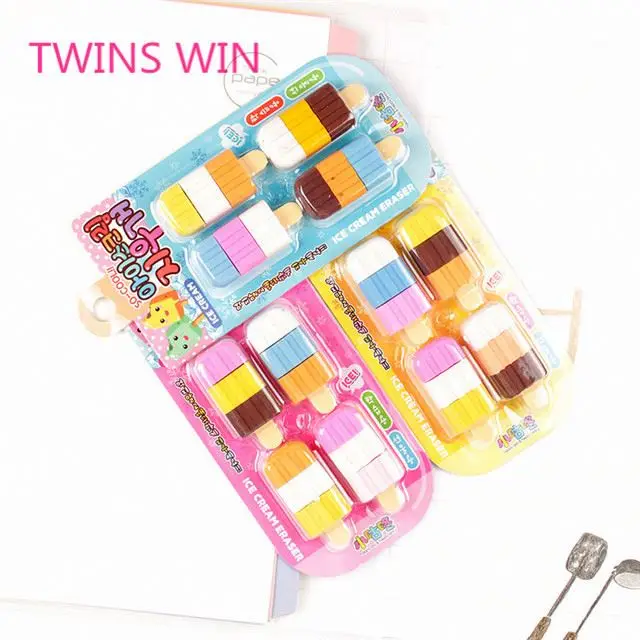 korean brand name stationery cheap low price children cute colorful ice cream shaped rubber erasers for promotional 532