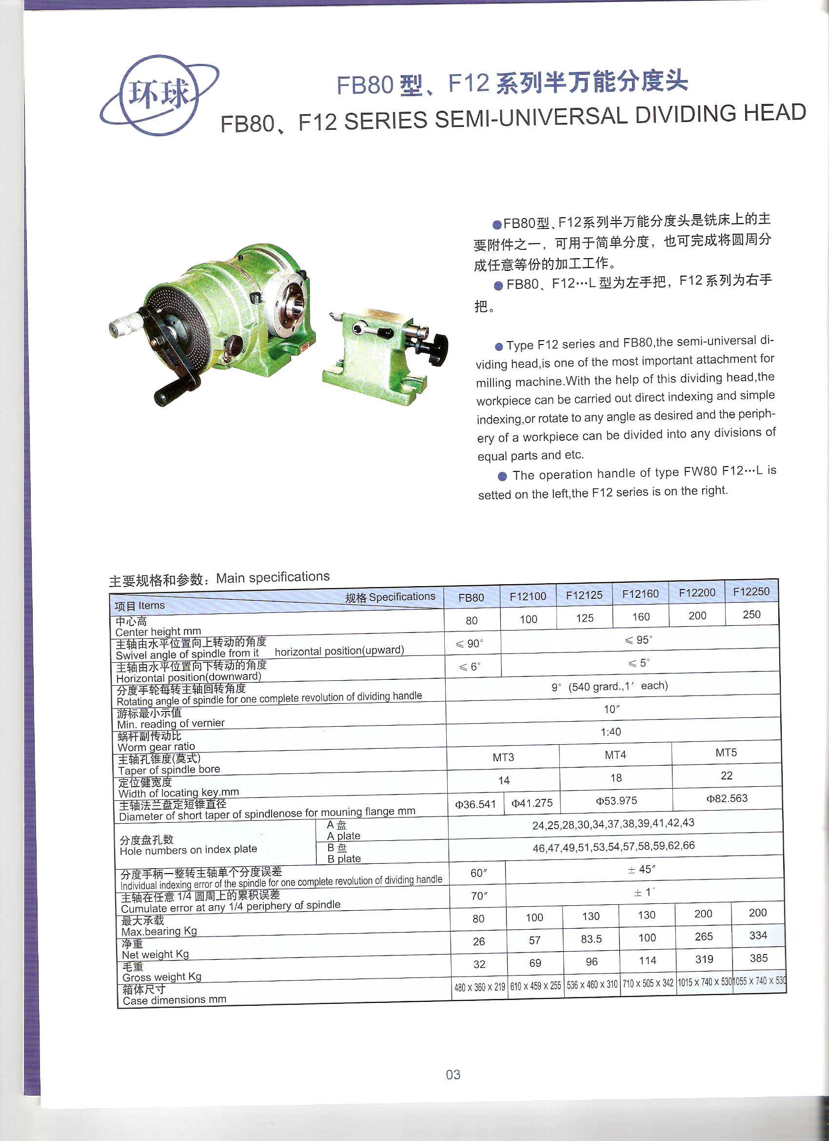 
Semi-Universal Dividing Head F12160 