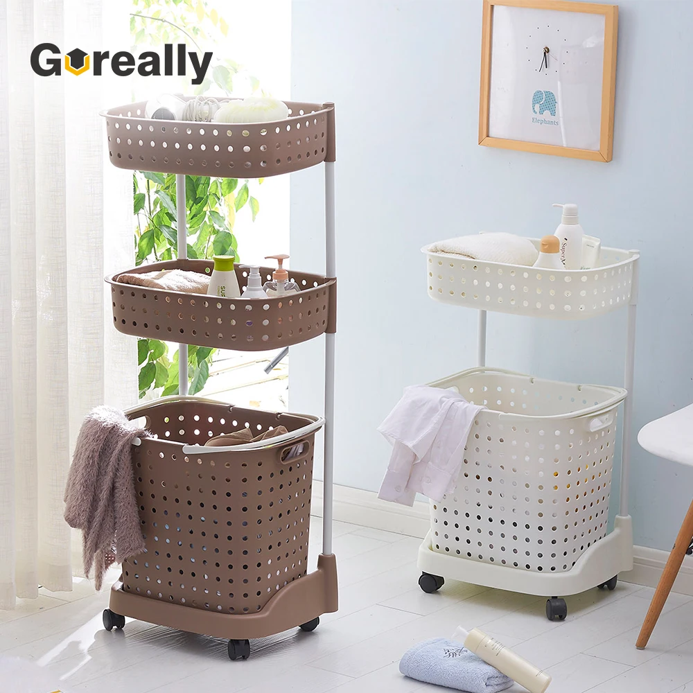 
Collapsible white plastic double clothes laundry hamper with wheels 