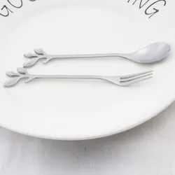 Вилка и ложка для торта с листьями, набор красочных маленьких вилок и ложек для торта из нержавеющей стали