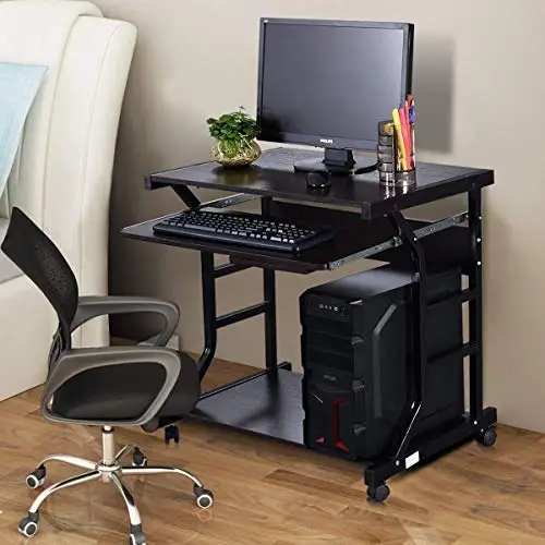 Computer Desk Small Rolling Study Table, Compact Home Office Furniture, Laptop Workstation with Pull Out Keyboard Tray
