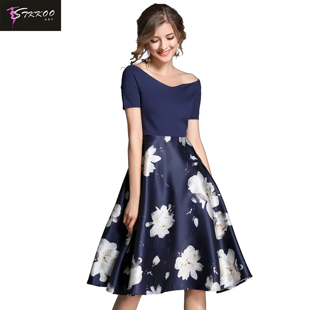 
Patchwork Dress Factory Wholesale Manufacturer Sexy Elegant Open Neck Short Sleeve Top Flower Print Midi Dress 
