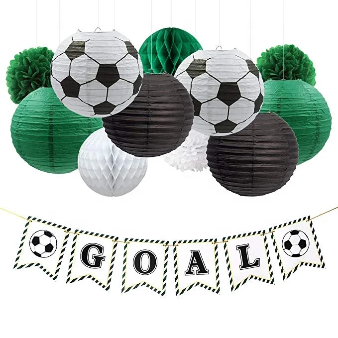Boy Soccer Party Decorations Goal Banner Paper Lantern Pom Poms Honeycomb for World Cup Soccer Sports Themed Birthday Party