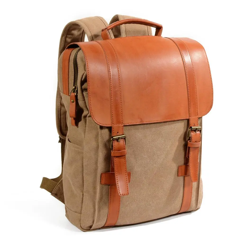 Vintage canvas stitching color leather outdoor backpack college backpack outdoor leisure backpack