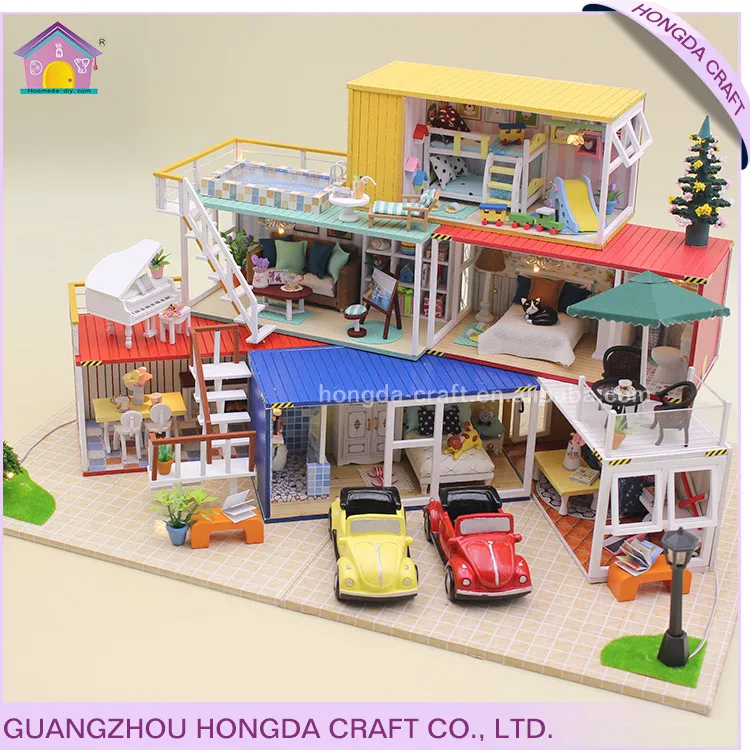 Hot Sale 3-storey Container Villa Doll House 2019 For Boys Castle Toy House With Full Furniture Set