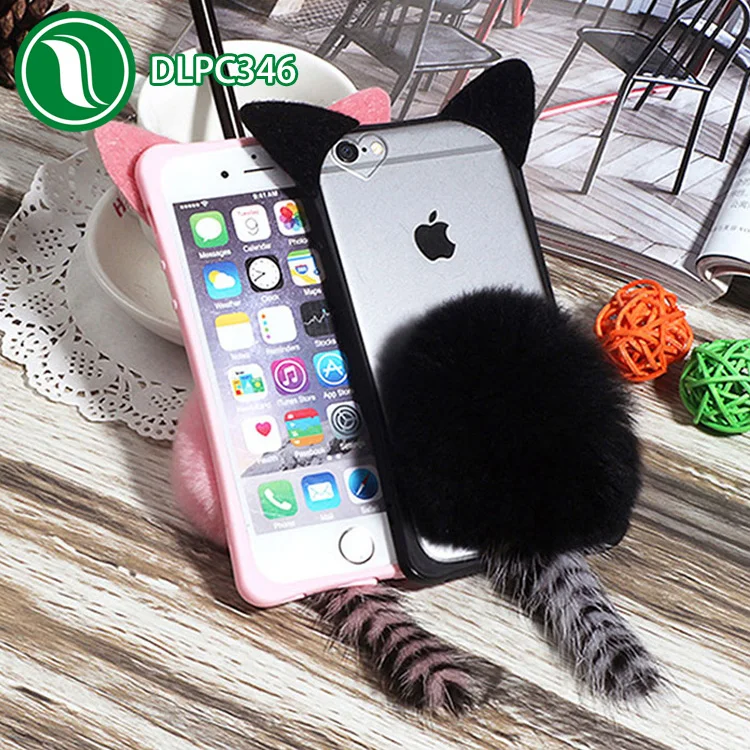 3D Cute Kitty Cat Ear fur case Shockproof Silicone cat shaped ball and tail case plush cat case for iPhone 7