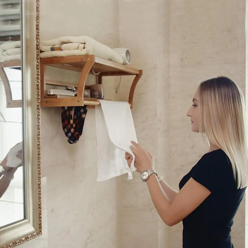 Bath Towel Rack Bar with Bamboo Shelf and Hooks for Bathroom Kitchen