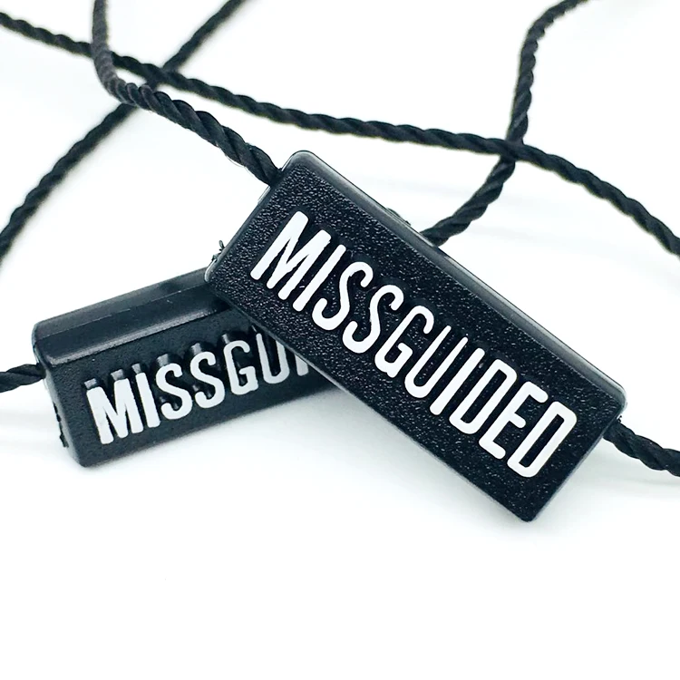 Custom unique design Embossed logo Garment hangtag plastic nylon loop colorful lock seal clothing swing tags string