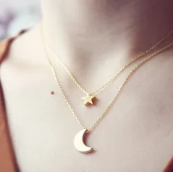 Korea fashion design alloy star moon pendant two layered necklace