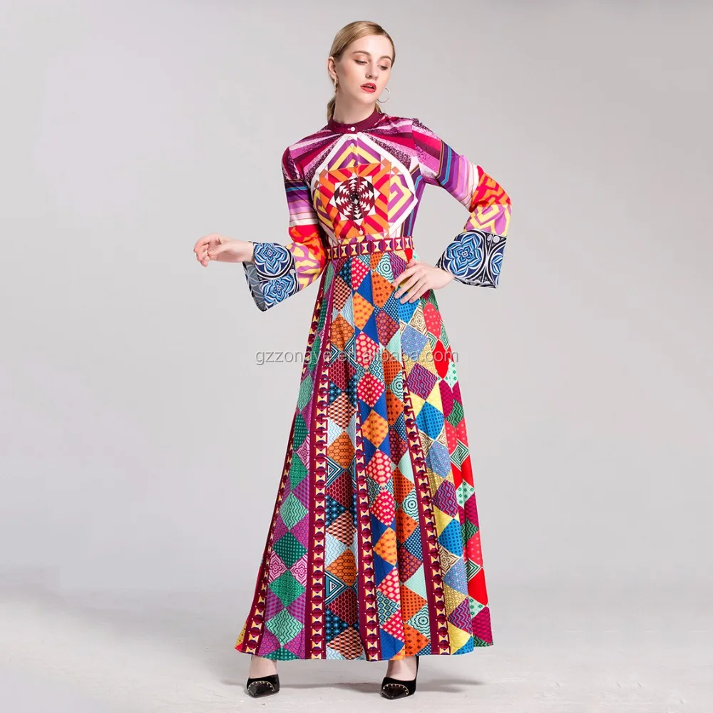2017 women clothing manufacturer printed wholesale long sleeve maxi dress