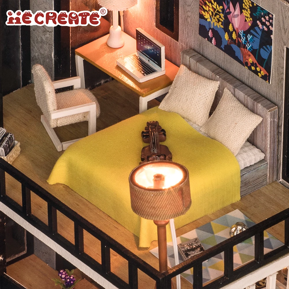 IIECREATE DIY Miniature House Kit for Kids LED Light Cardboard Dolls House with Wood Furniture 3D Accessories Set Model Building