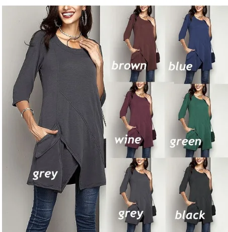 
Wholesale OEM Ladies Plus Size 3/4 Sleeve Tunic Top for Leggings Pocket Solid Color Loose Fit T Shirt Soft Tshirts Women 