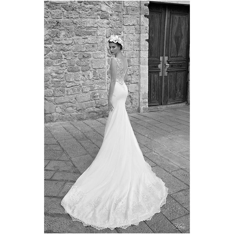 Eslieb A47 Online V-neck plain shine lace court train design mermaid trumpet long trail wedding dress