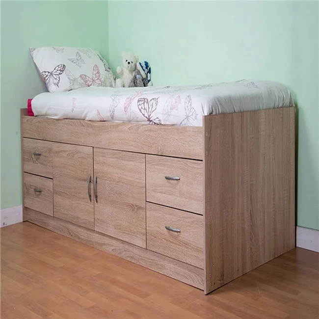 Promotional price Modern PANEL Oak Cabin Bed Single Midi Wall Bed with Drawers and Storage