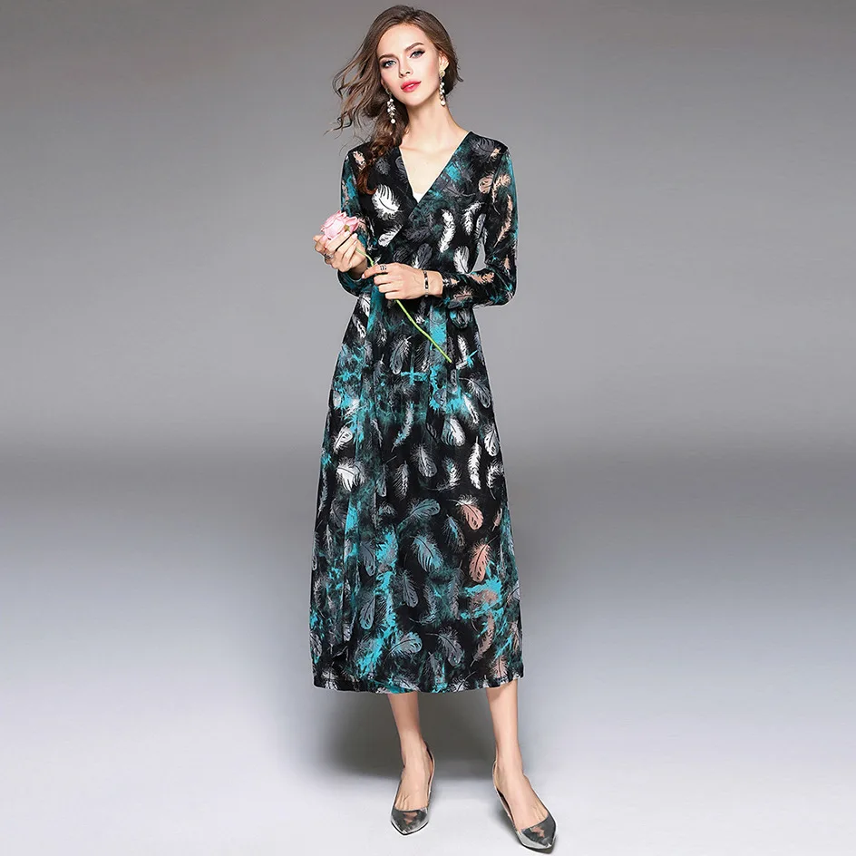 Ladies V Neck Mesh Long Sleeve Belted Boutique Flocked Embellished Tunic Dress