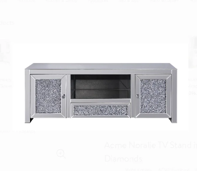 Sparkly Mirrored TV Stand  2 Door 1 Drawer Crushed Diamonds Long Bench For Living Room