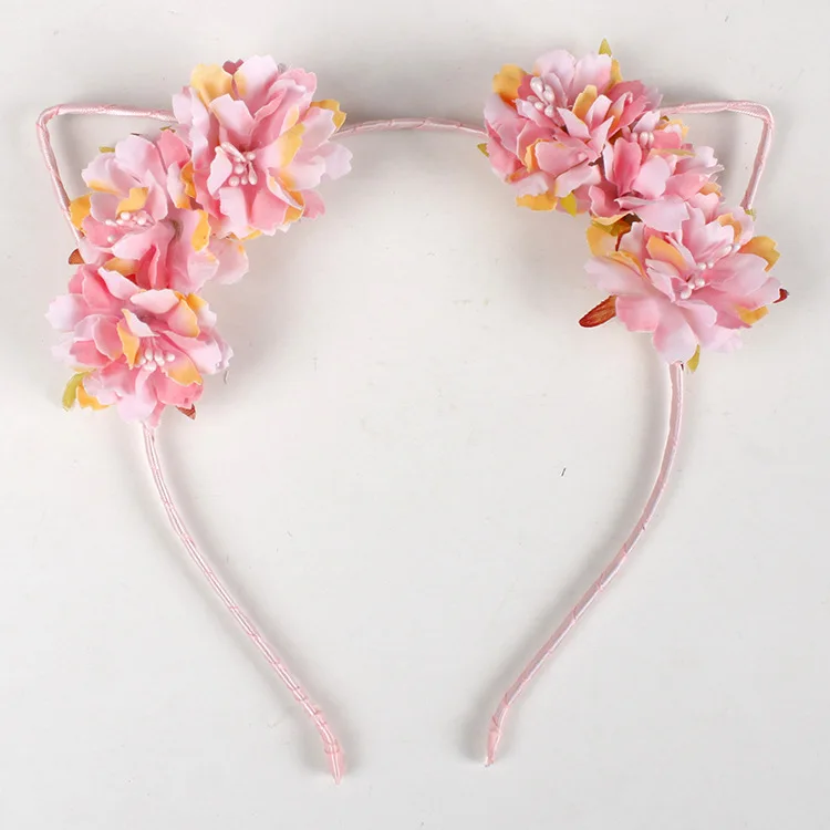 New Design Cute Hair Band Cat Ears pink Flower Headband For Girls