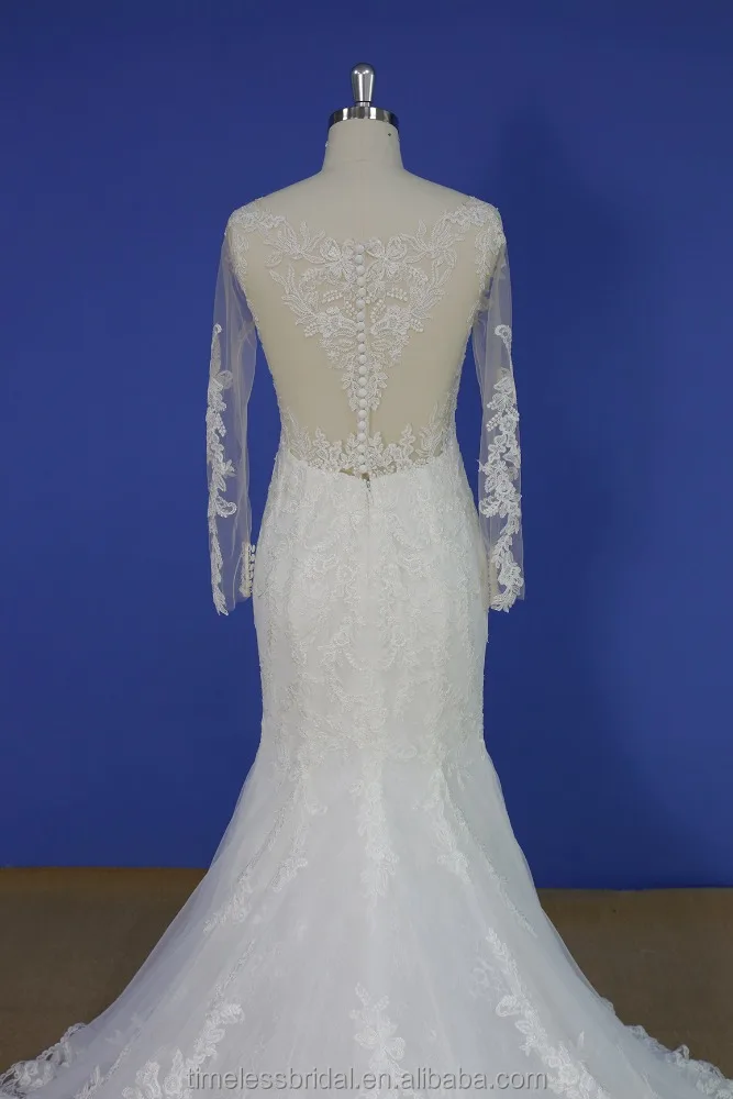 Illusion nude sheer lace top deep neckline mermaid wedding dress brush train