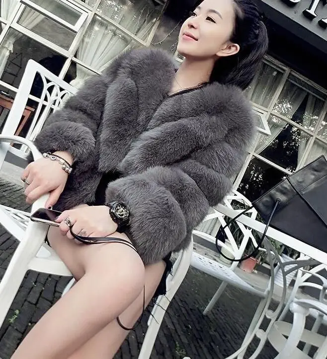 Wholesaler Rabbit short Fur Trench Coat &jacket V-neck Solid Colored black blue 3xl wholesaler