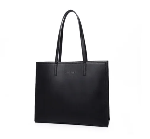 Custom large capacity square shoulder tote bag black PU leather handbag totebags for women