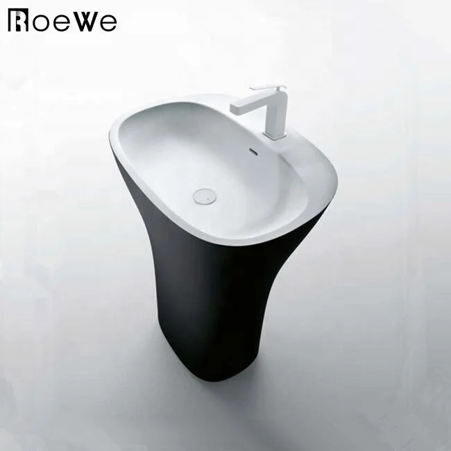 resin composite cast stone floor standing pedestal sink black, bathroom hand washing basin solid surface freestanding washbasin