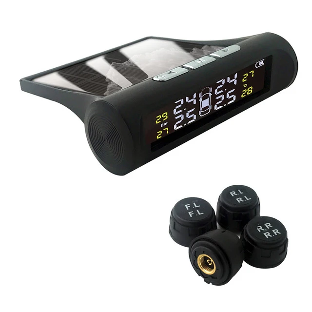 Solar TPMS Tire Pressure Monitoring System Wireless TPMS with LCD Color display/4 External/Internal Sensors for Car (External)