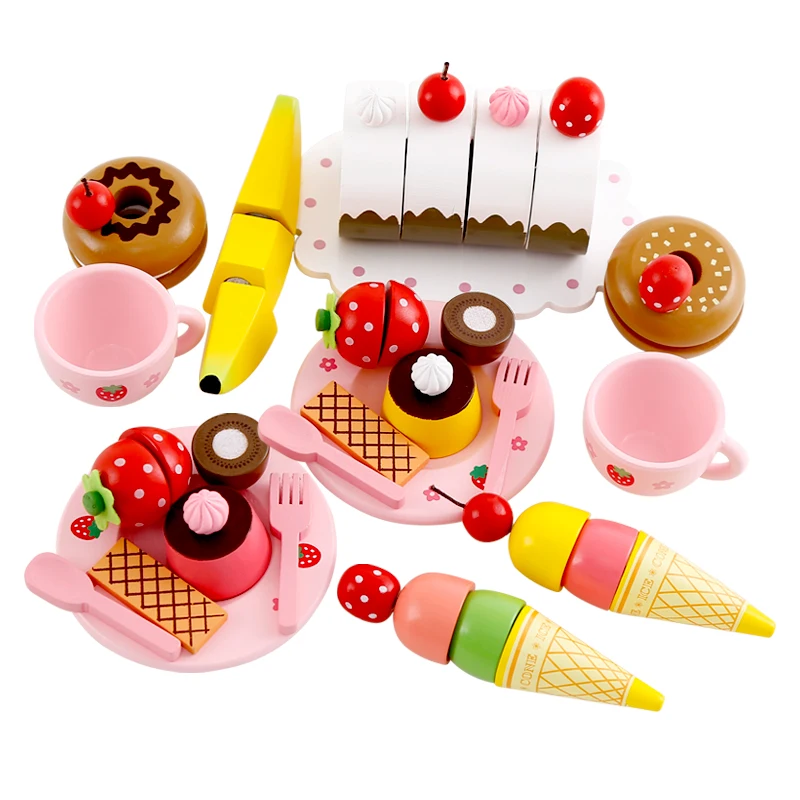 Hot Sale Cherry Bear Ice Cream Dessert Party Set Fruit Wooden afternoon tea snack Toys For Kids