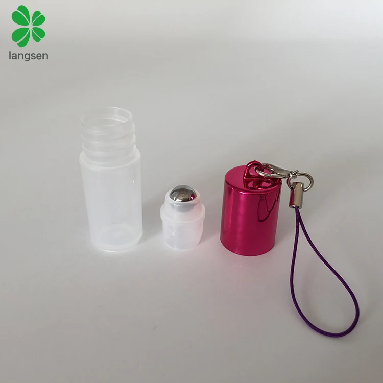 Mini size 3ml plastic roll on bottle with UV plating cap metal stainless steel ball key chain lanyard for essential oil creams