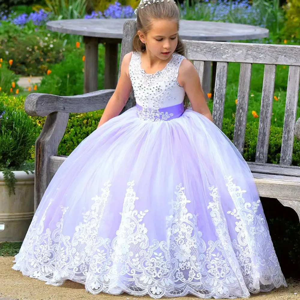 Hot Sale Cheap Romantic Lace Puffy Flower Girl Dresses Ball Gown Girl Party Communion Dress Pageant Gown