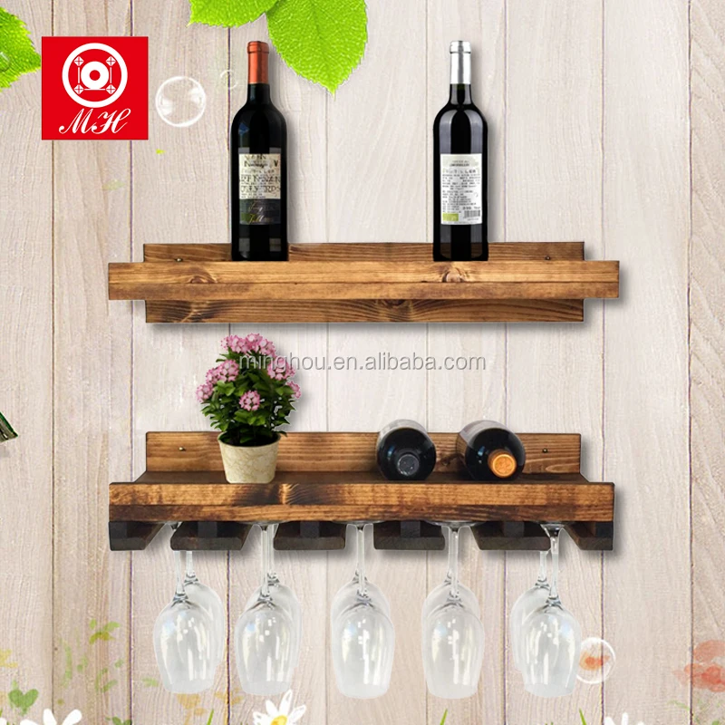 2017 New Hom Decor Wall Mount Wooden Wine Shelf With Wine Glass Racks