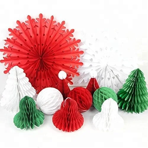 Mery Christmas Decorations Paper Honeycomb Tree, Ball, Bell,Hat & Snowflake Fan Honeycomb Decorations