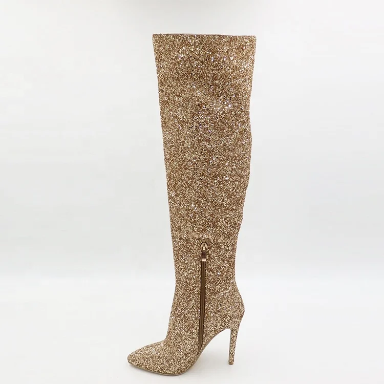 Customized Stiletto Thigh High Glitter Gold Color Knee High 2021 Sequin Shimmer Crystal Ladies Knee High Clear Thigh Boots Shoes