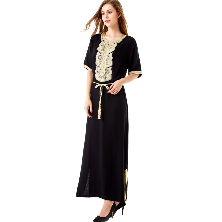 A3320 Women malaysia muslim moroccan embroidery short sleeve caftan abaya jilbab